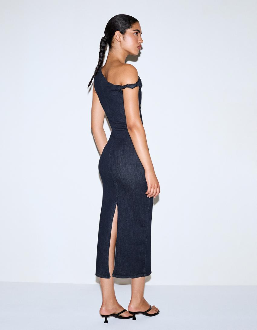Off-shoulder denim dress-Navy
