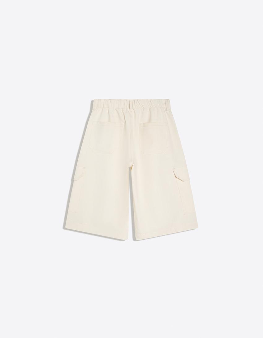 Bermuda cargo wide leg à pinces-Blanc cassé