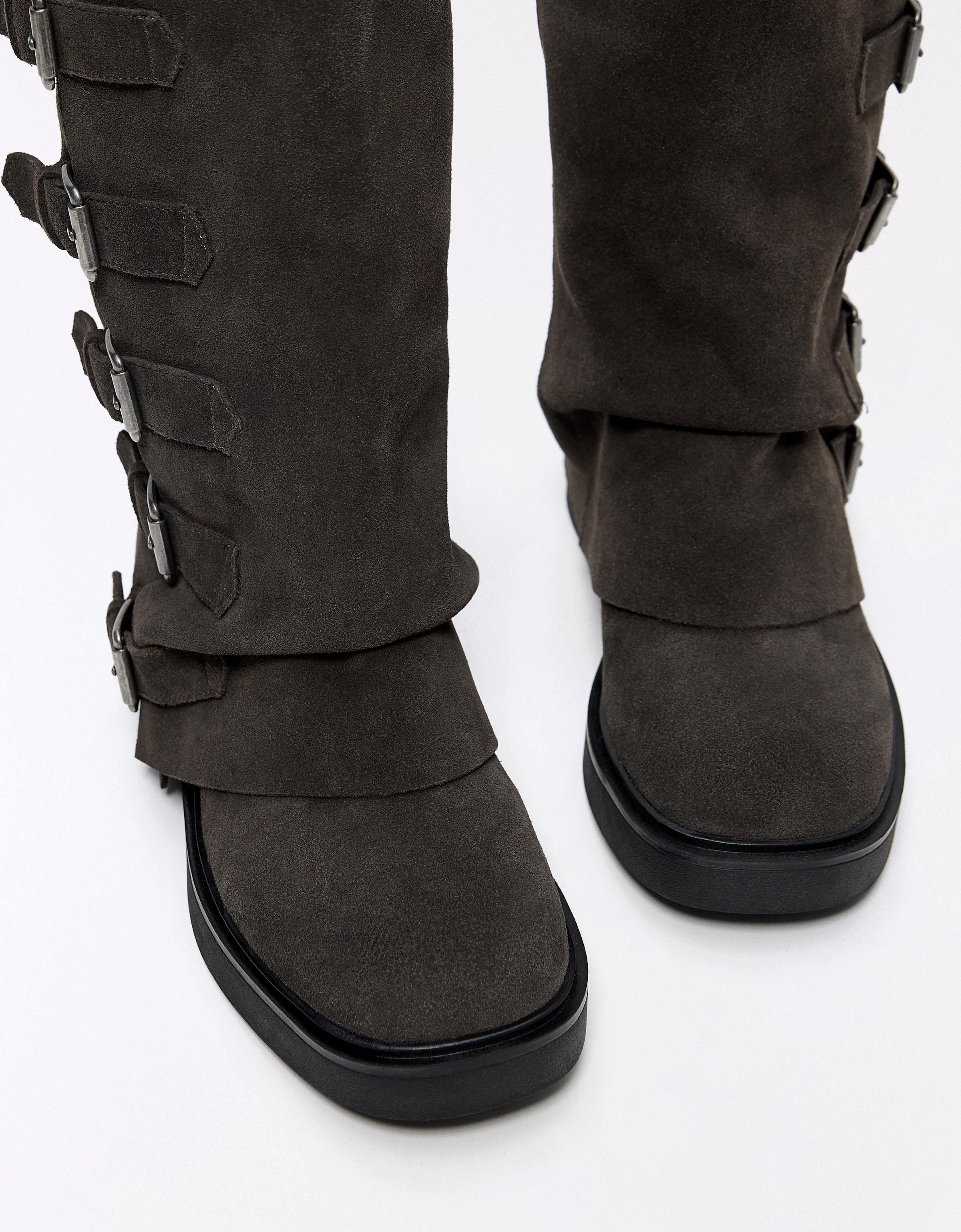 LEATHER TROUSER ANKLE BOOTS WITH BUCKLES — TAUPE