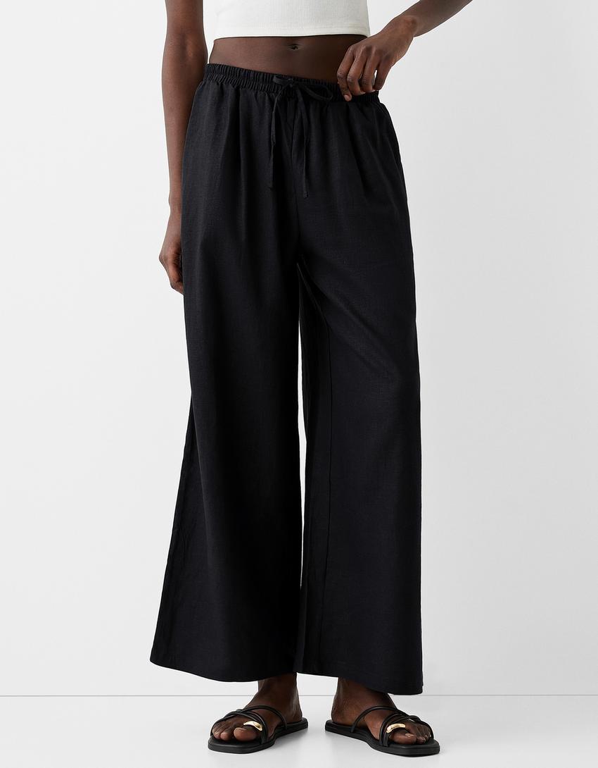 Culottes with linen and an elastic waist-Black-1