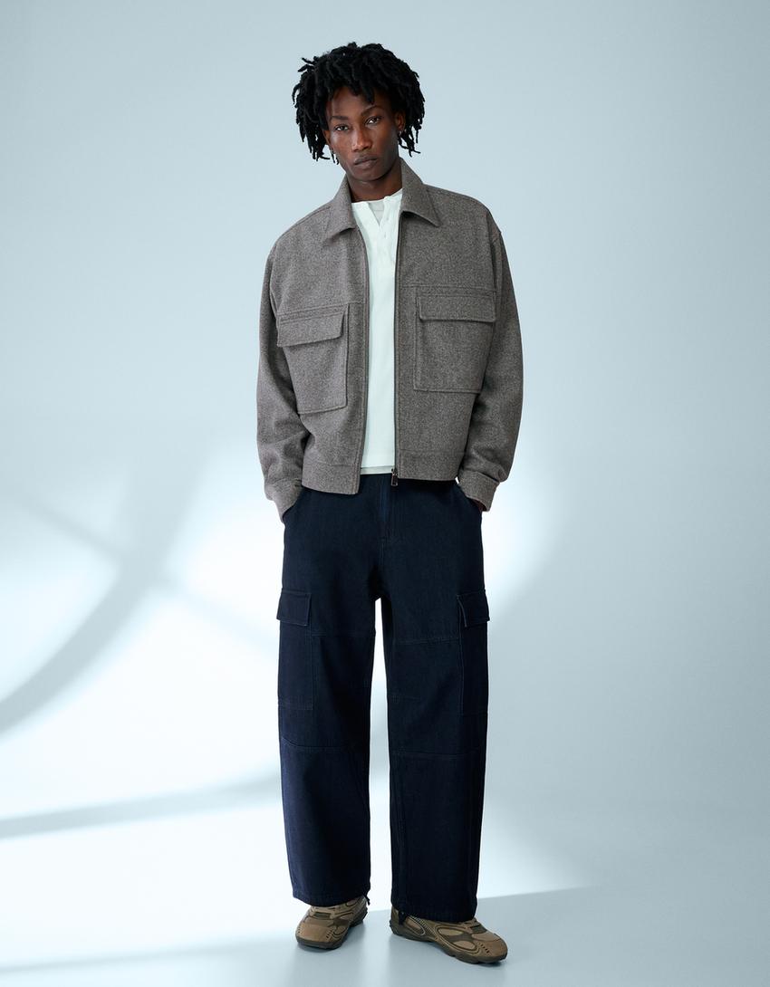 Boxy flannel zip overshirt-Dark grey