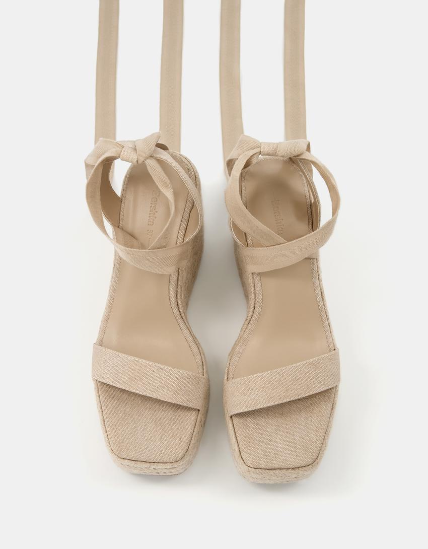 Bağcıklı ve jüt dolgu topuklu ayakkabı-EKRU-4