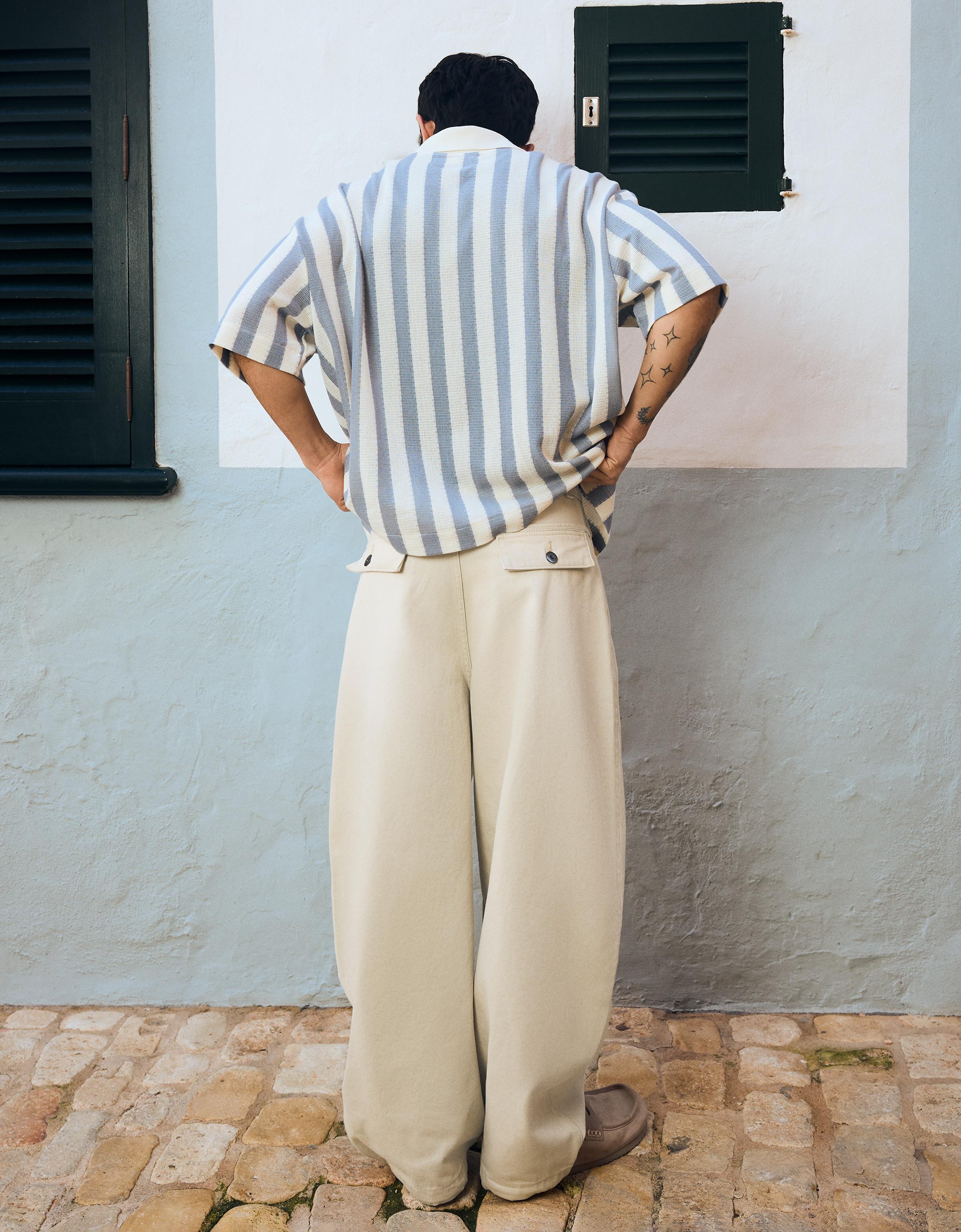 Embroidered crossover barrel trousers — Sand