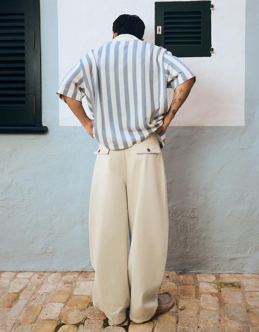 Embroidered crossover barrel-leg trousers-Sand