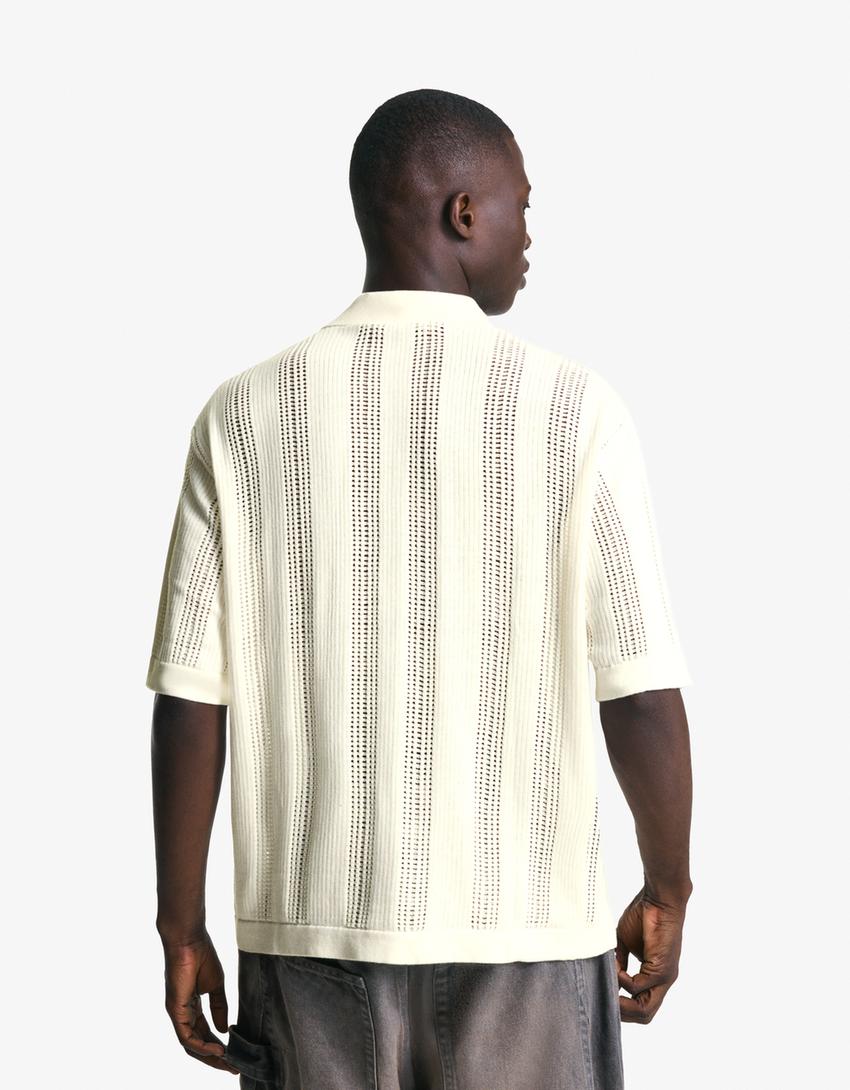 Textured openwork polo shirt-Off white