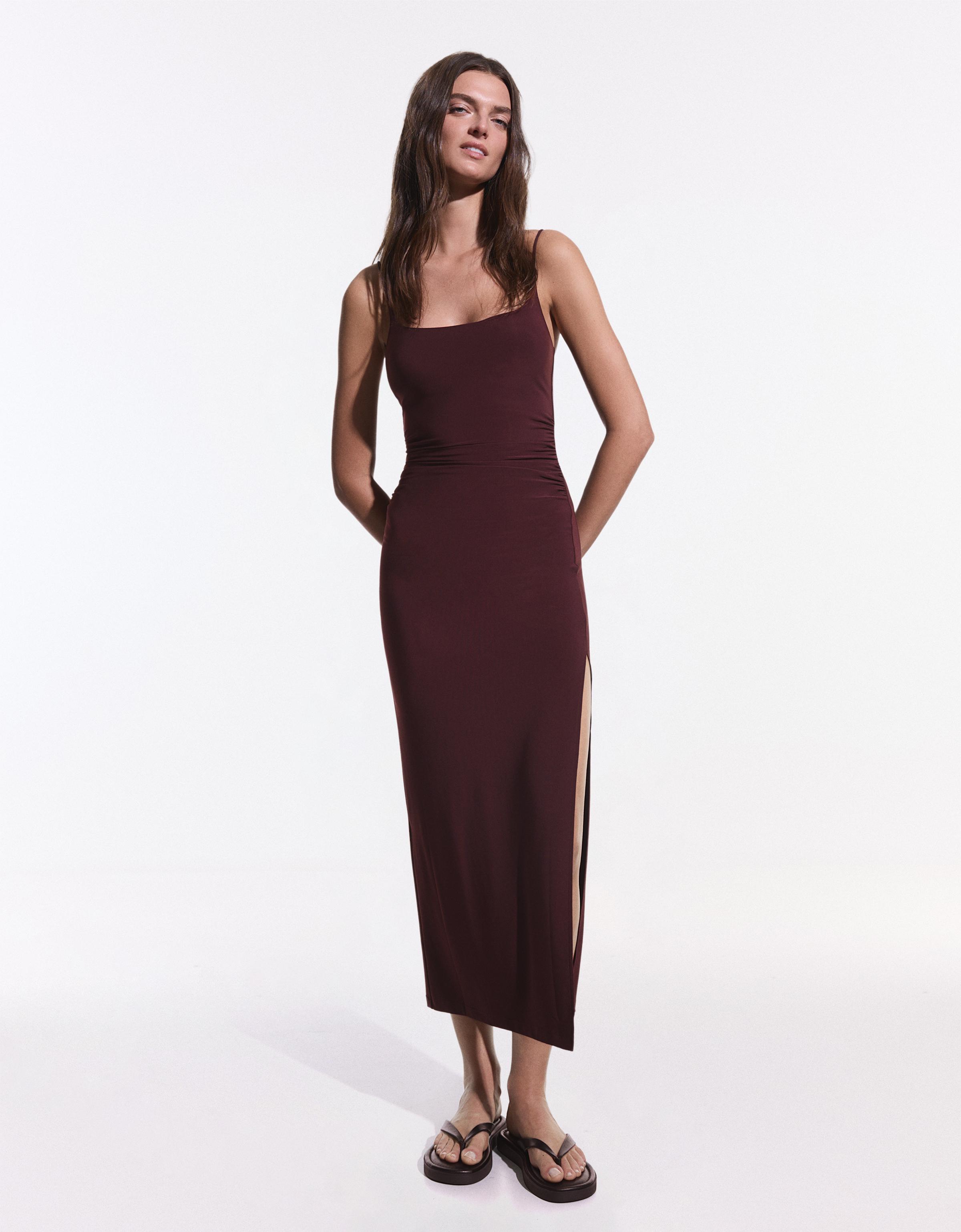 Bershka Midikleid Mit Gerafften Trägern Damen L Bordeaux