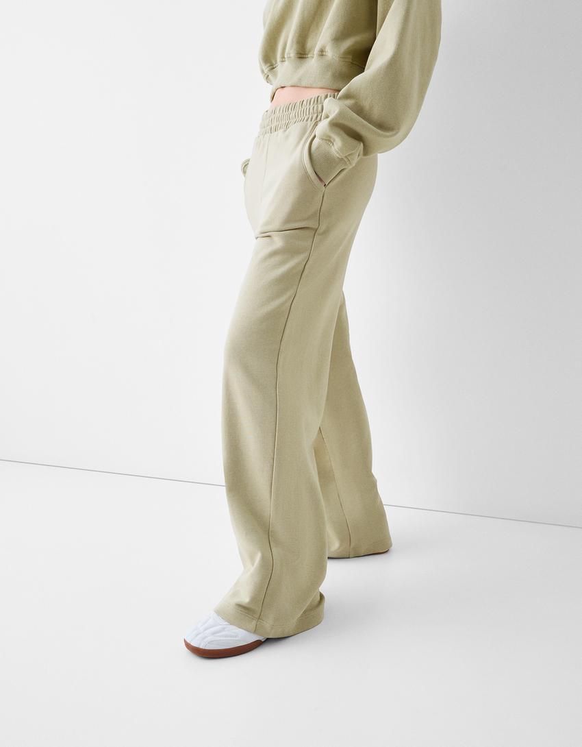 Wide leg pamuklu pantolon-Haki-1