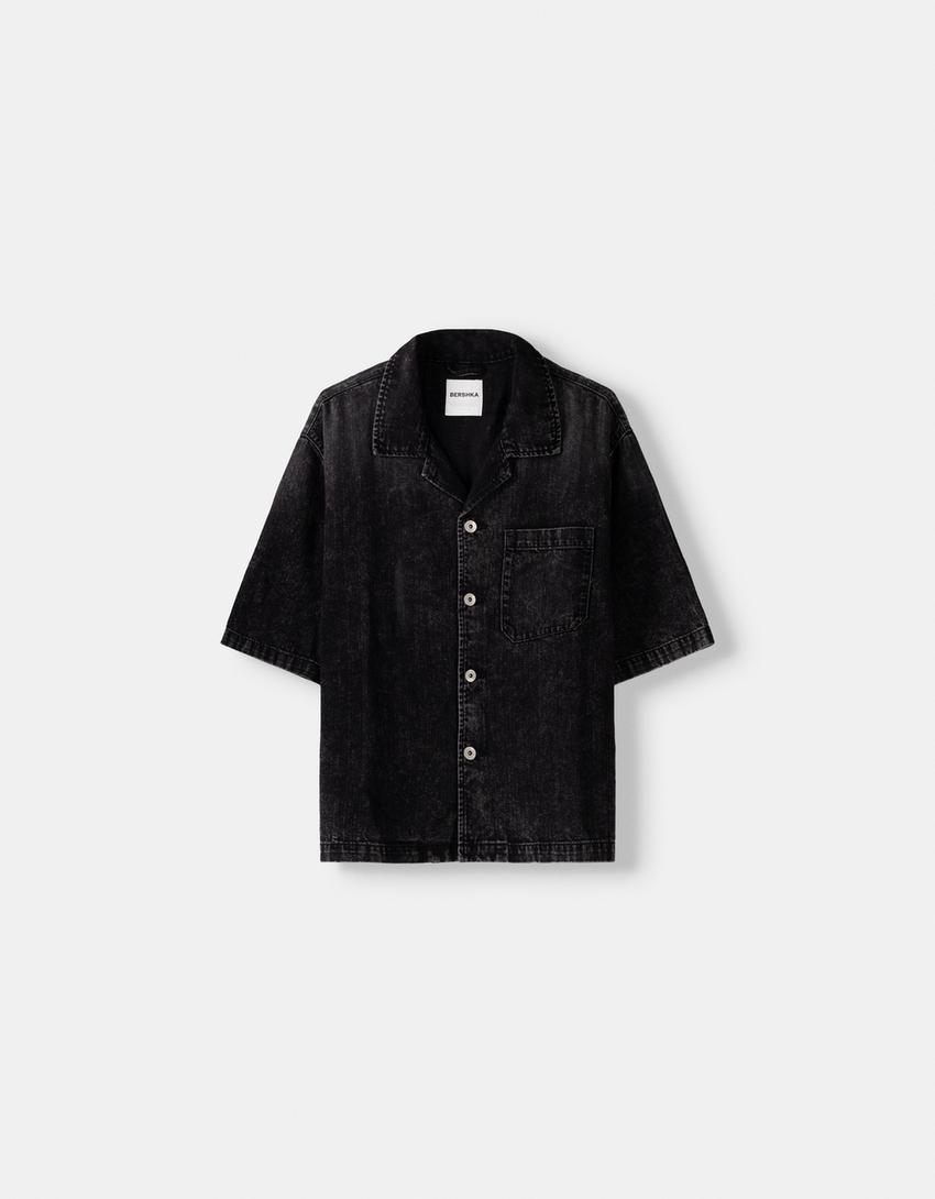 Cropped short sleeve denim shirt-Black-4