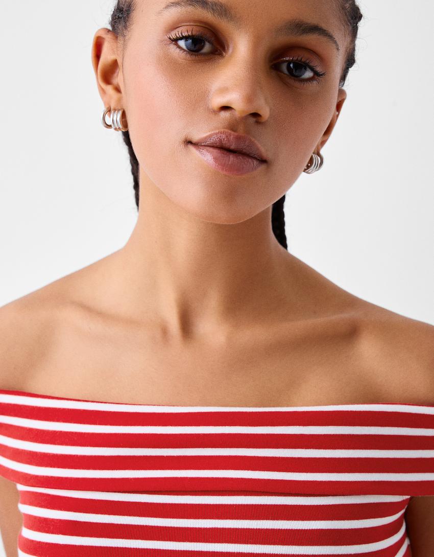 Short sleeve Bardot neck T-shirt-White-6