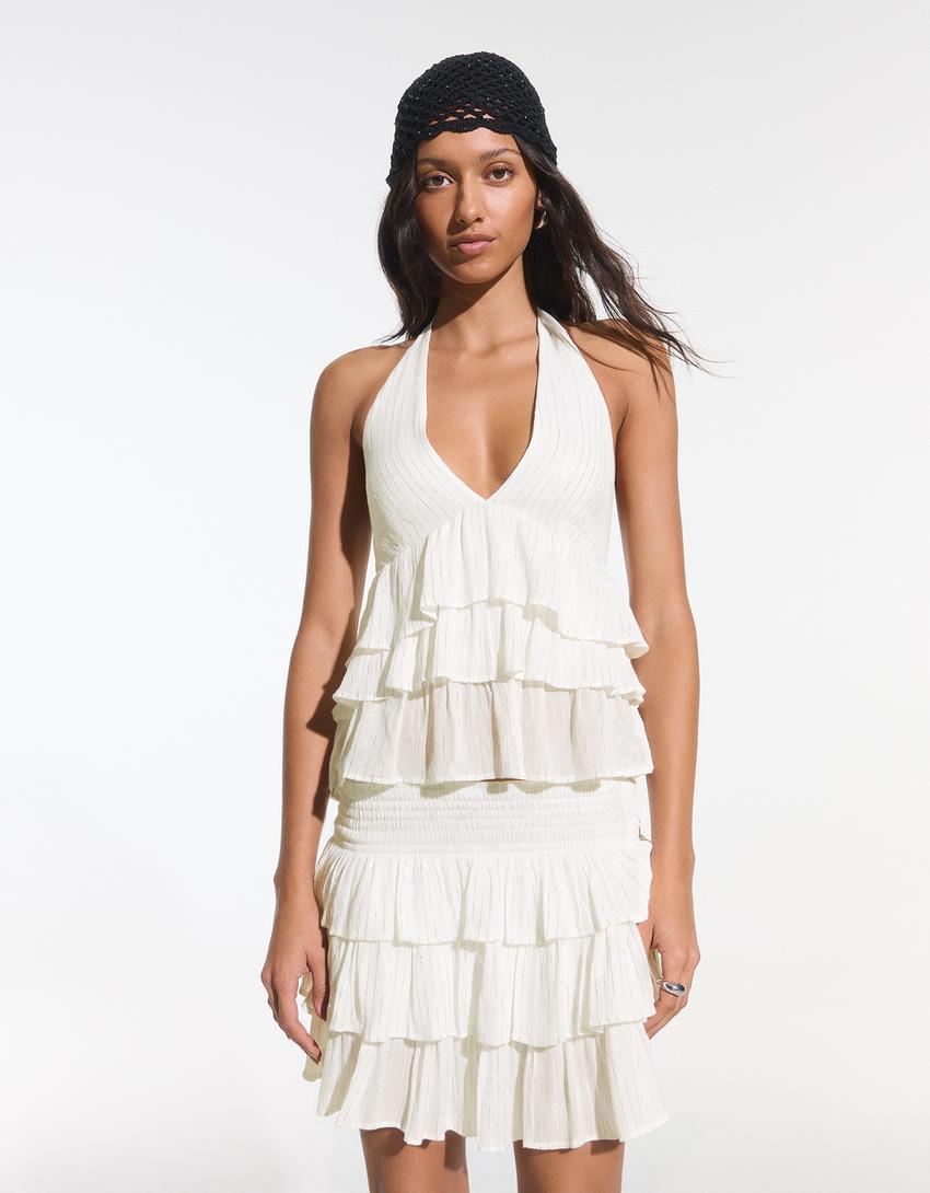 Top à volants encolure américaine-Blanc