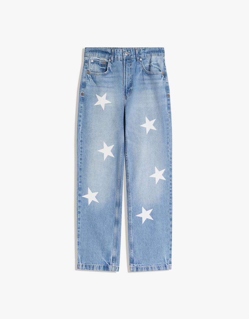 Jeans straight print-Azul lavado
