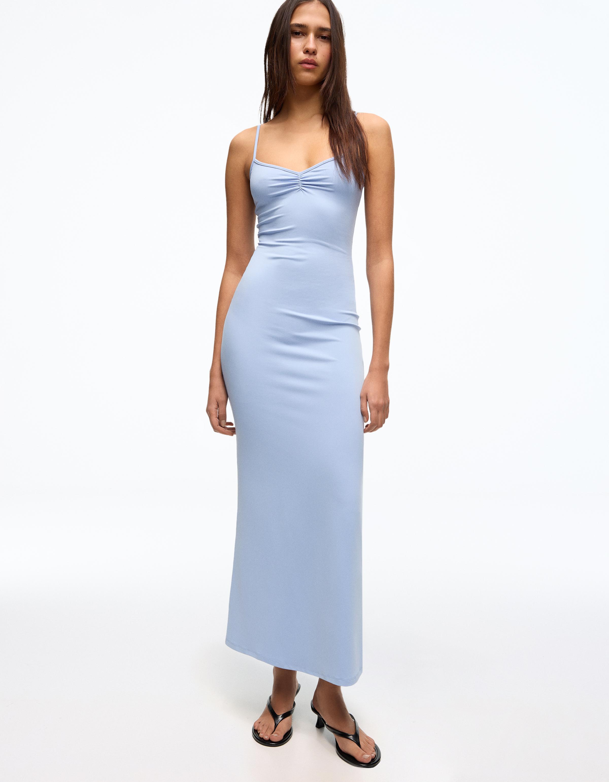 Bershka Midikleid Mit Gerafften Trägern Damen M Hellblau