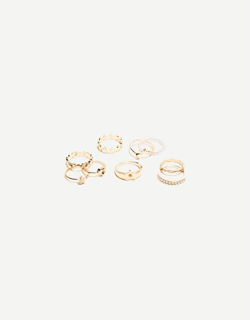 Pack 9 anillos finos perlas-Oro