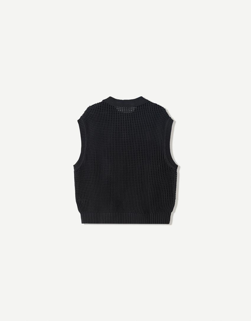 Mesh vest with polo collar and buttons-Black-5