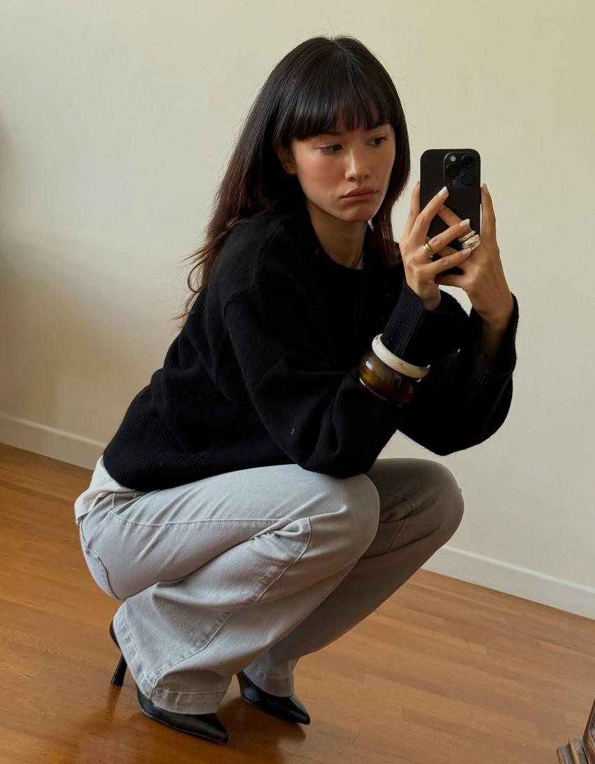 Flare trousers with flaps and pocket-Grey