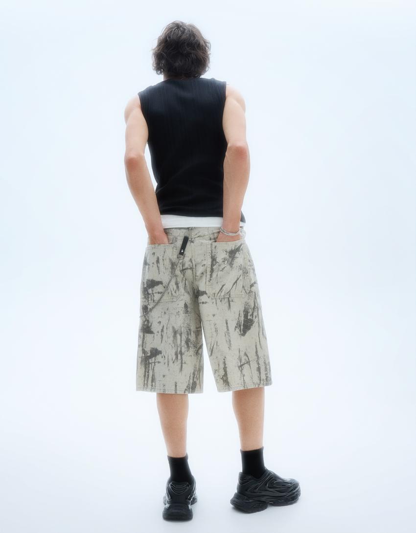 Baskılı baggy fit bermuda-Yeşil-3