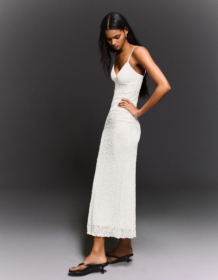 Lace strap midi dress-Off white