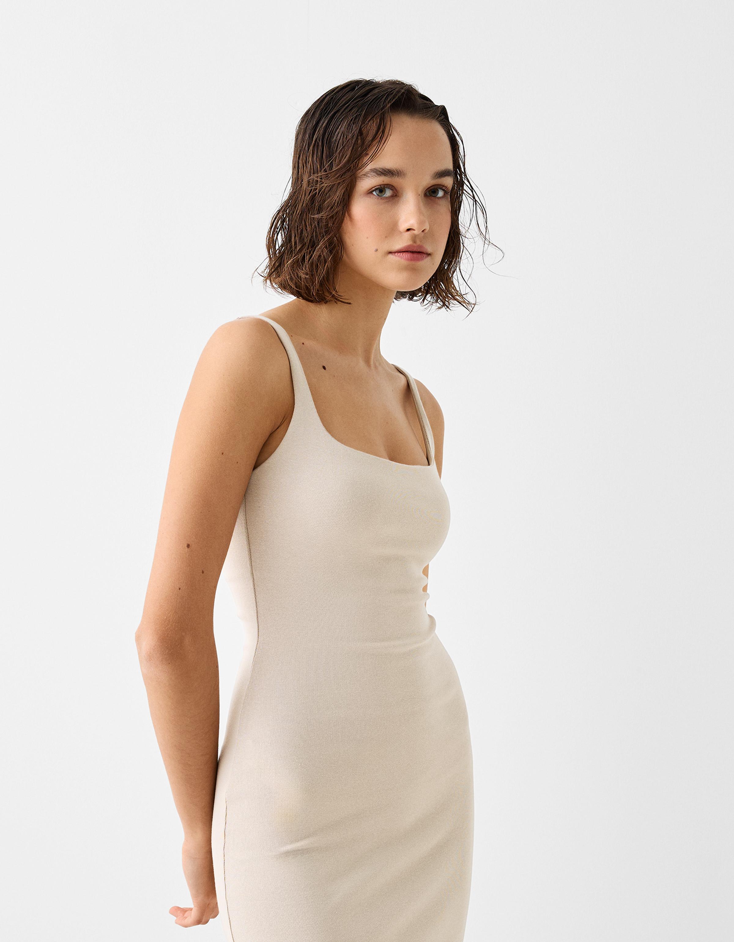 Bershka Midikleid Mit Trägern Und Kastenausschnitt Damen Xs Sandfarbe