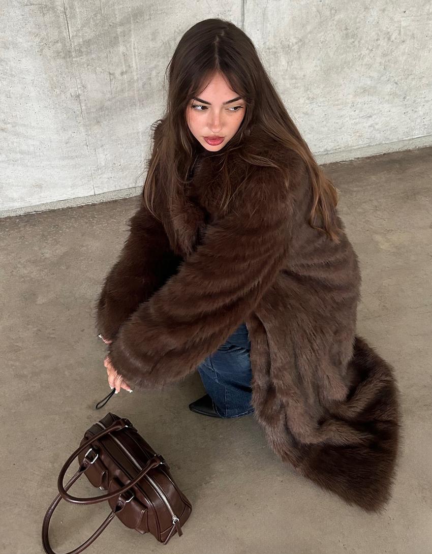 Long faux fur coat-Brown