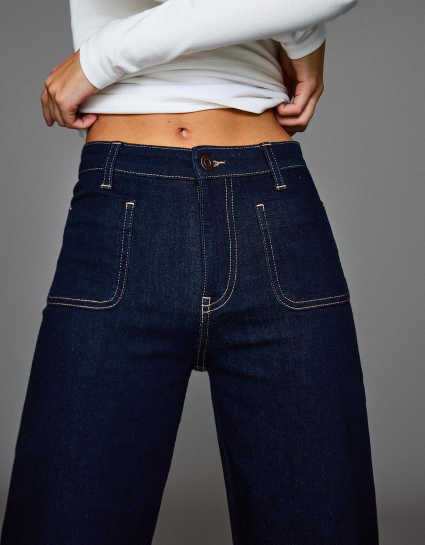 Jeans wide leg sans coutures poches-Marine