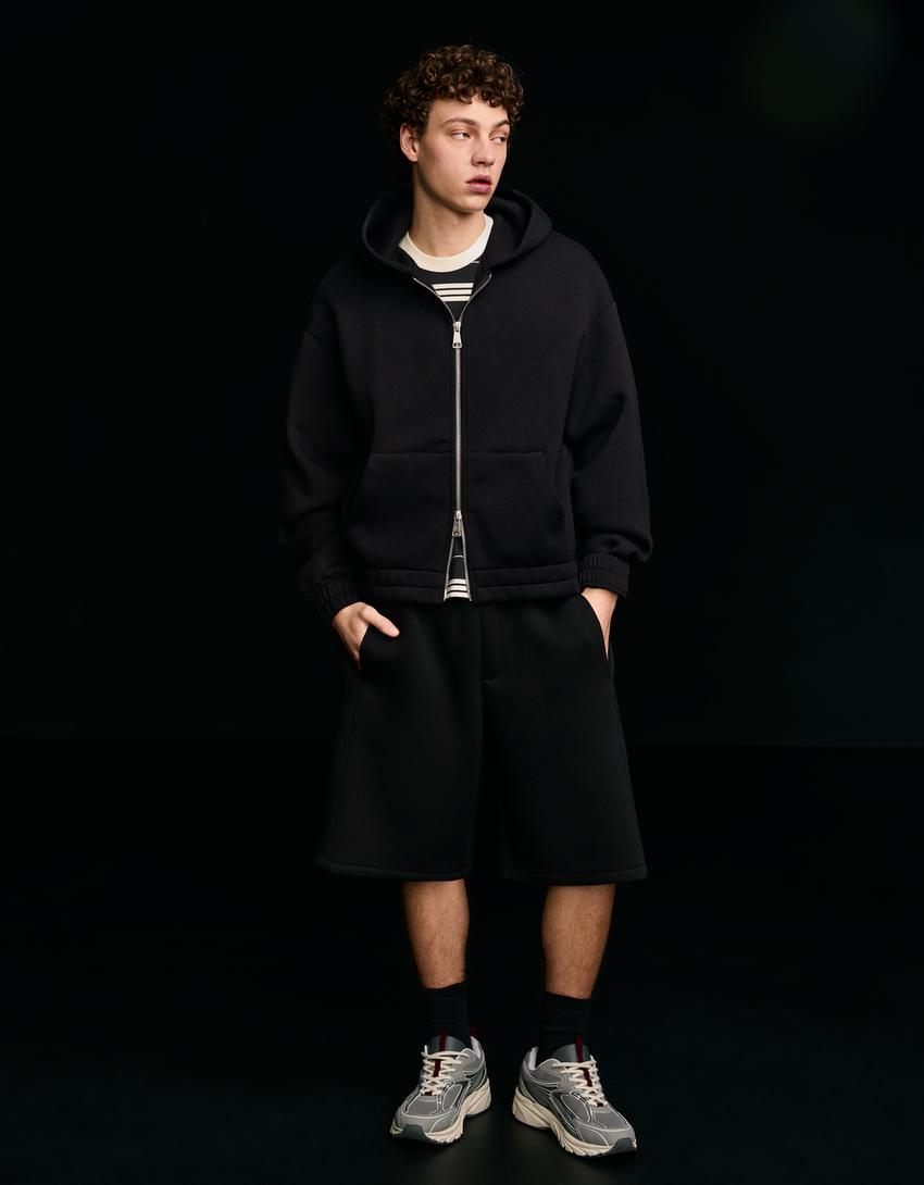 Neoprene effect zip-up hoodie-Black