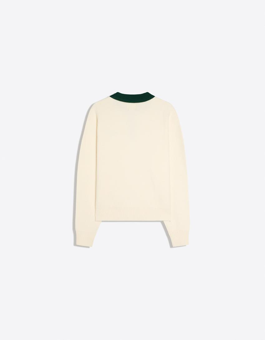 Contrast embroidered polo collar jumper-Off white