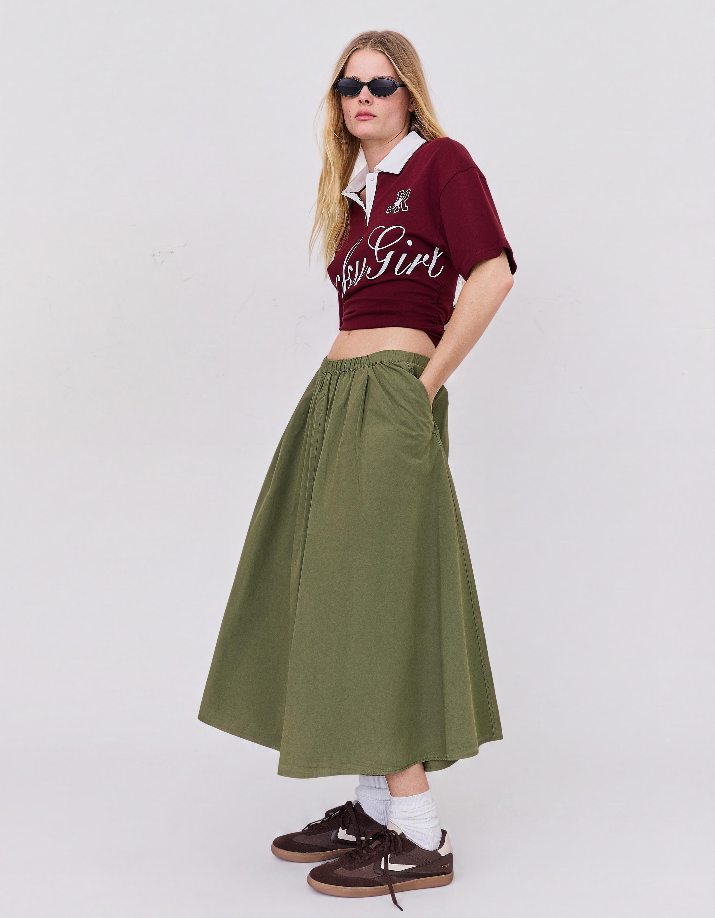 Elasticated waist midi skirt — Khaki