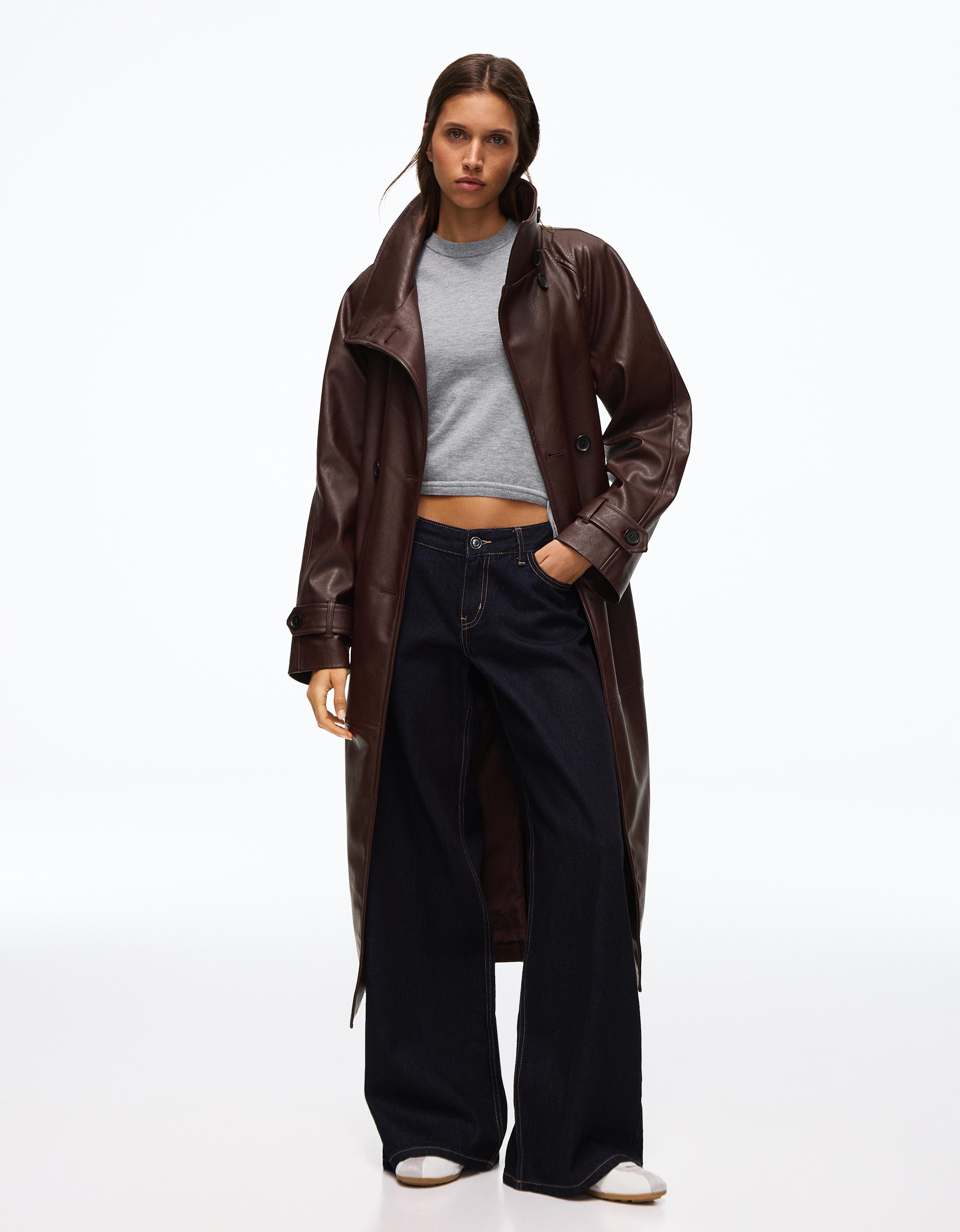Long leather effect belt trench coat with funnel neck — Burgundy