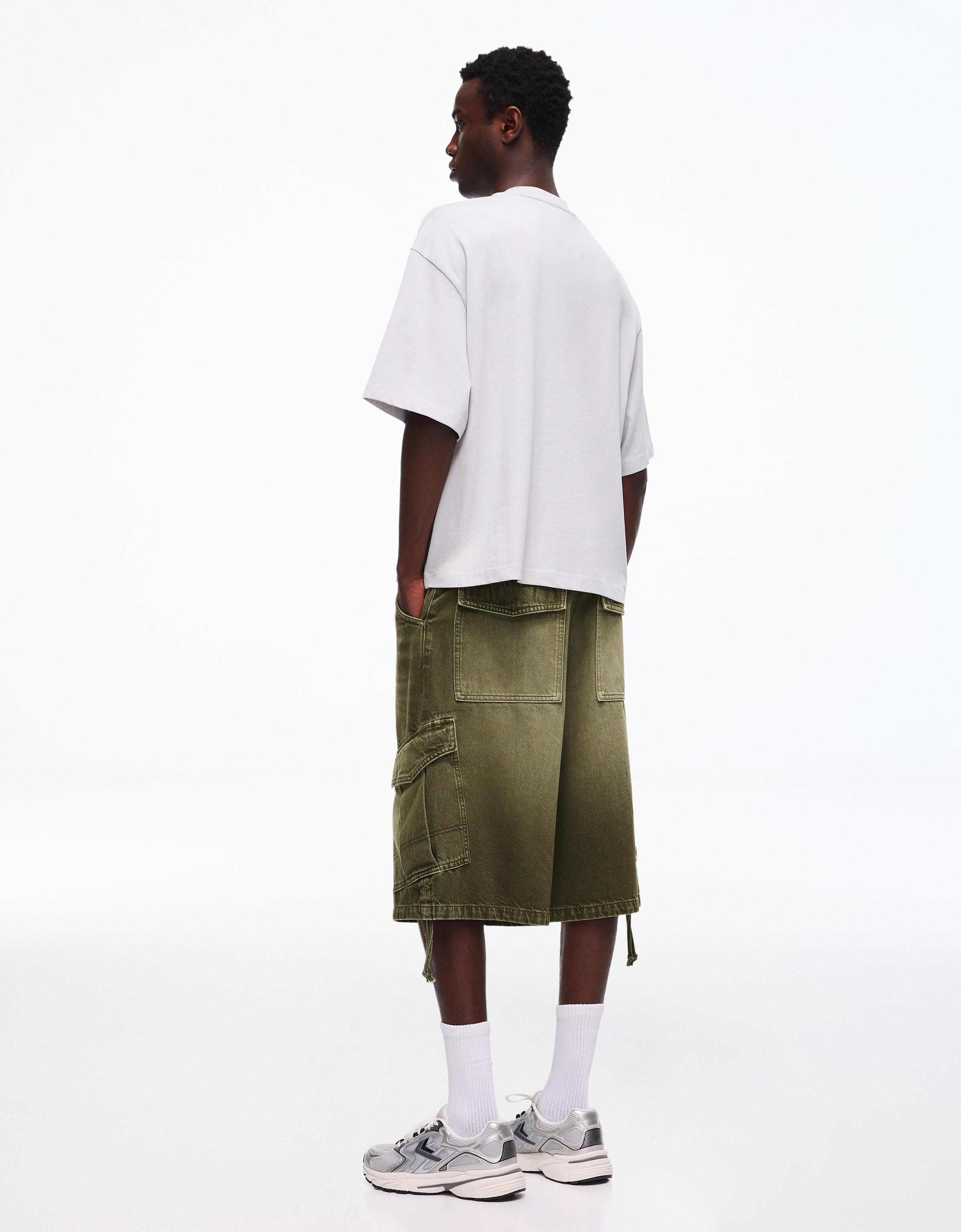 Denim cargo parachute Bermuda shorts — Khaki