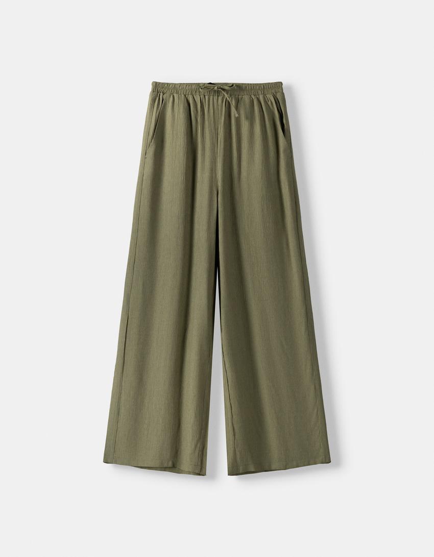 سروال واسع وقصير كريب-كاكي-4