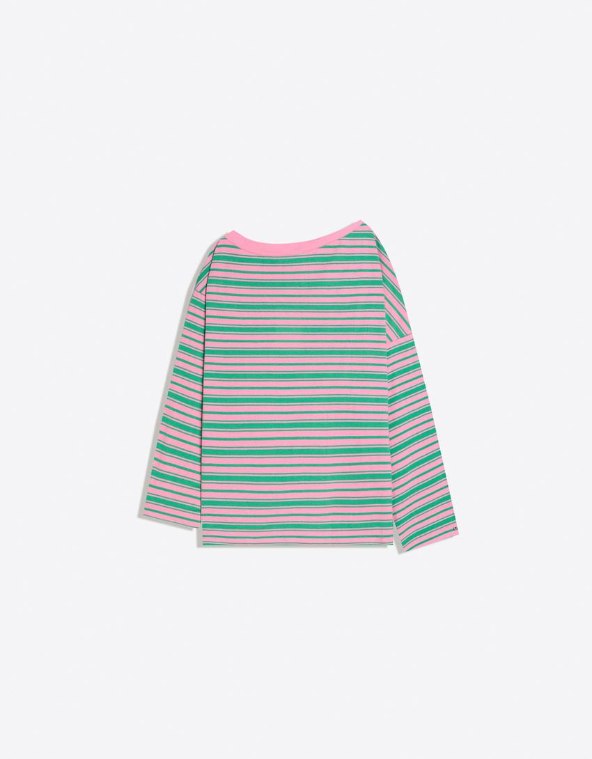 Asymmetric neck long sleeve print T-shirt-Pink