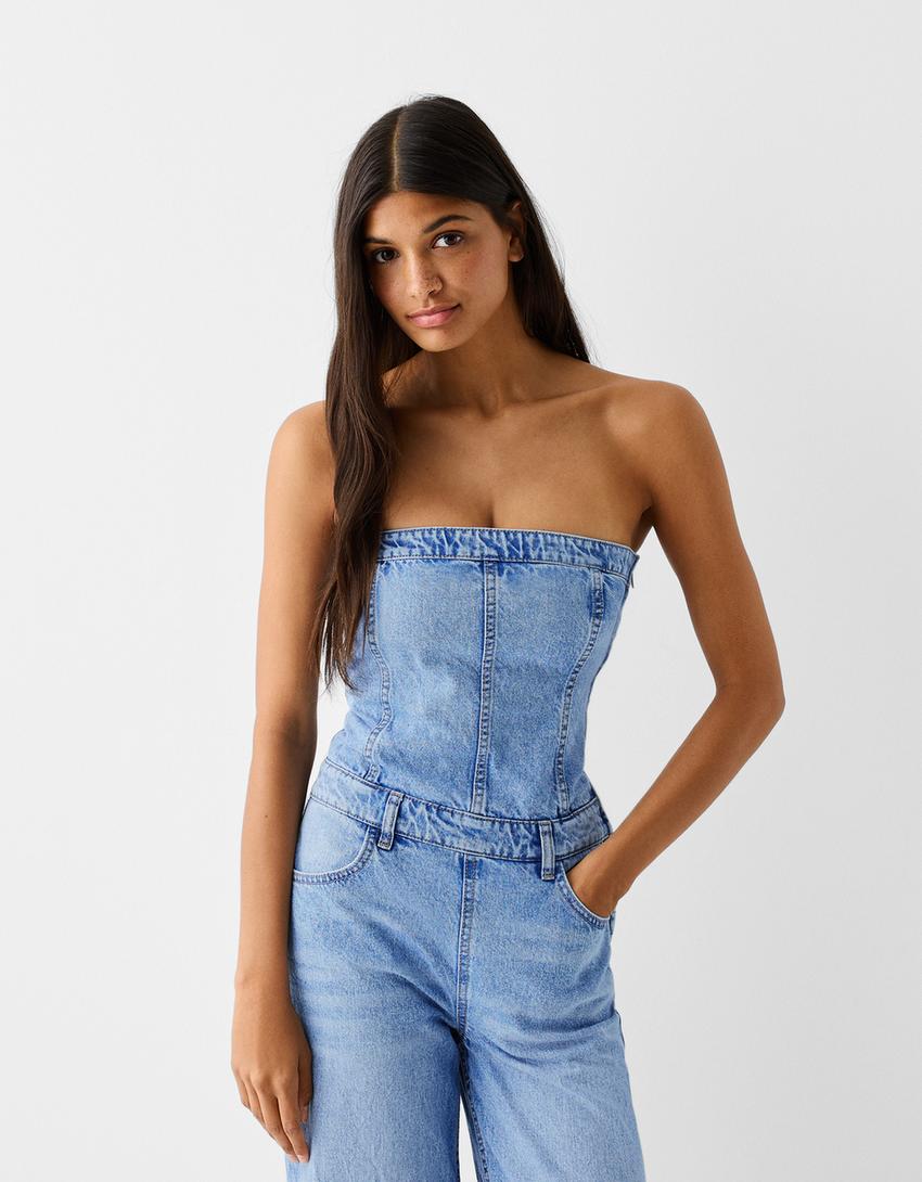 أفرول دنيم بفتحة صدر واسعة وساق عريضة-أزرق فاتح-1