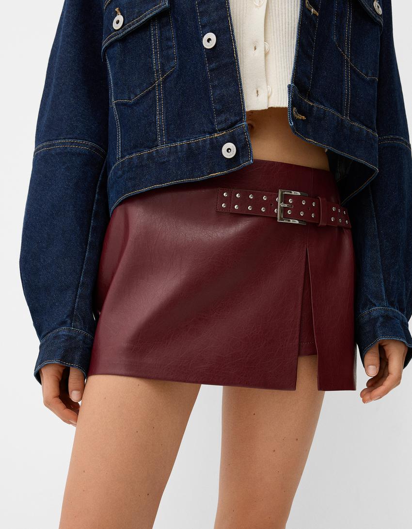 Falda mini efecto piel-Granate-3