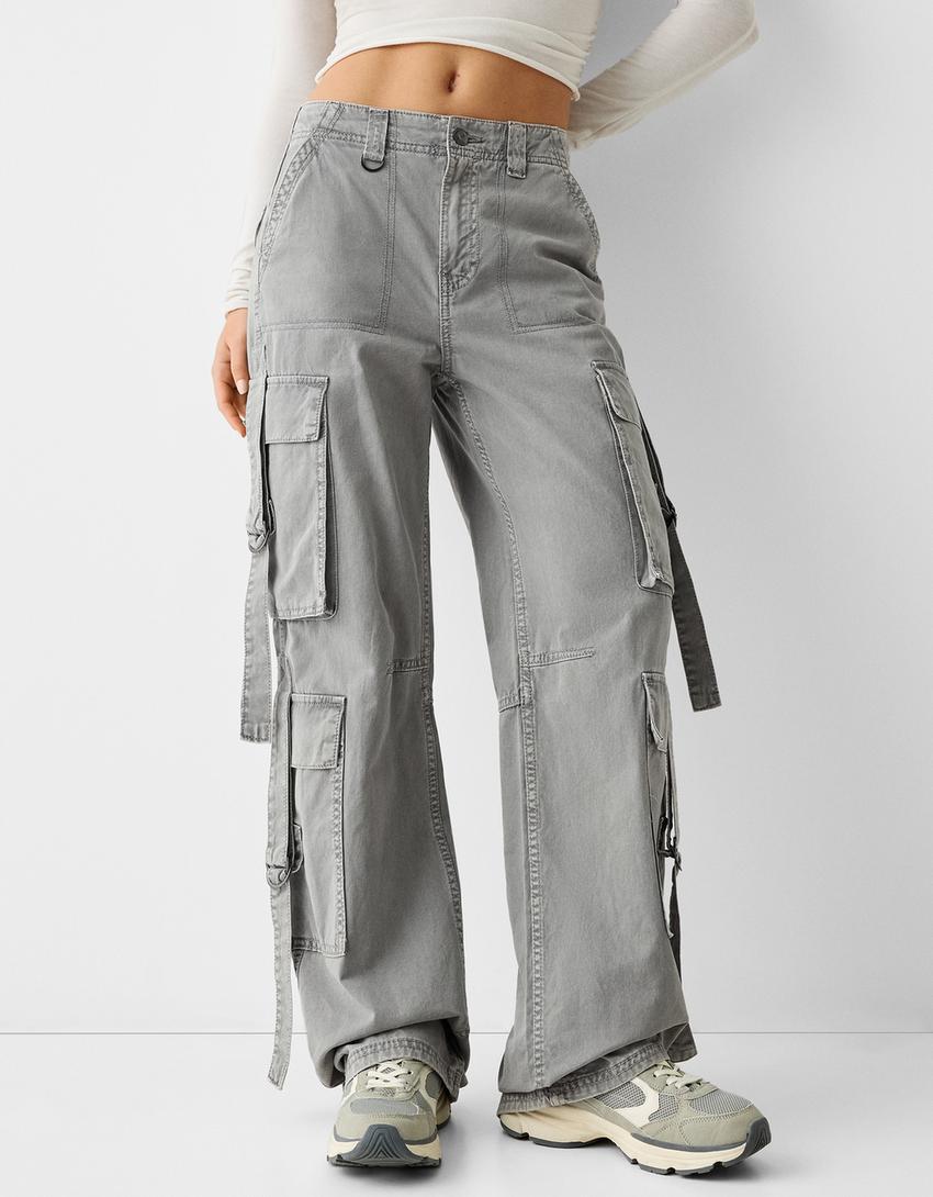 Cotton cargo trousers with straps-Grey