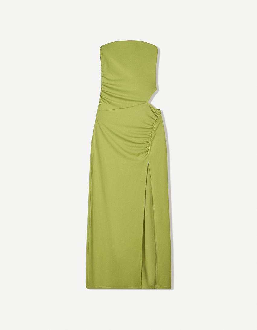 Gathered bandeau neckline midi dress-Green