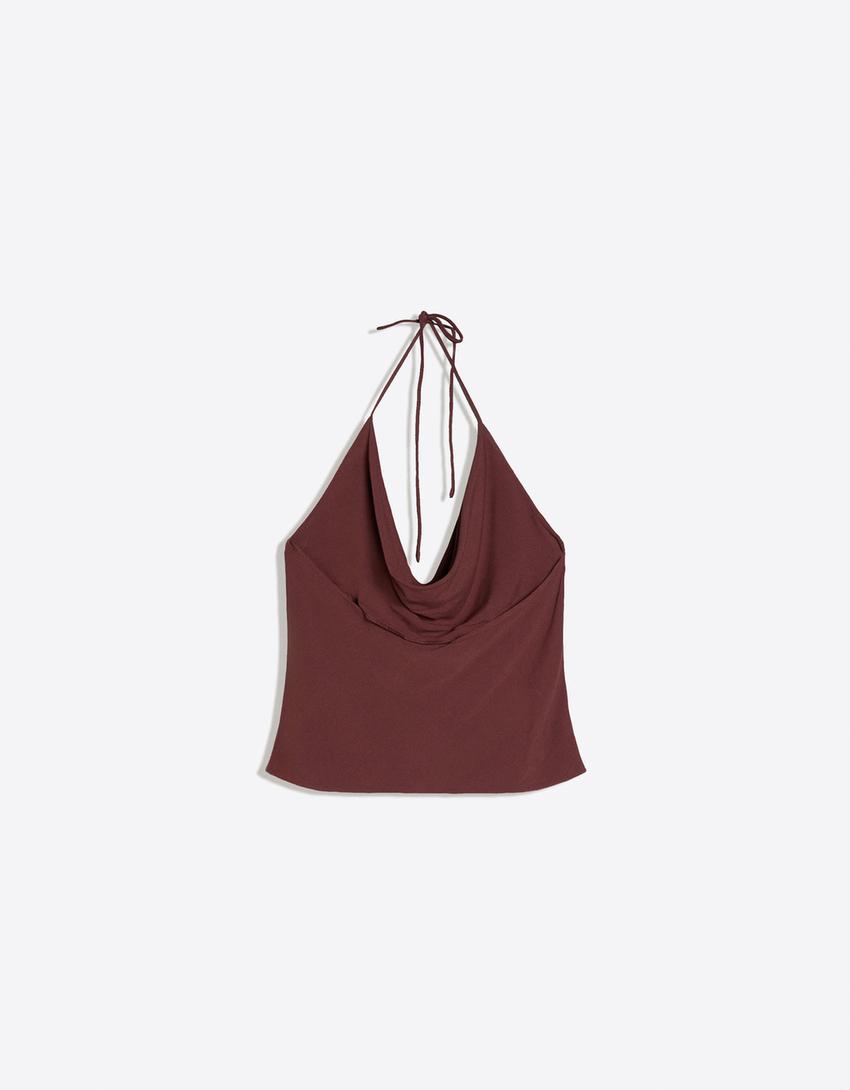 Top drapé à encolure américaine-Marron