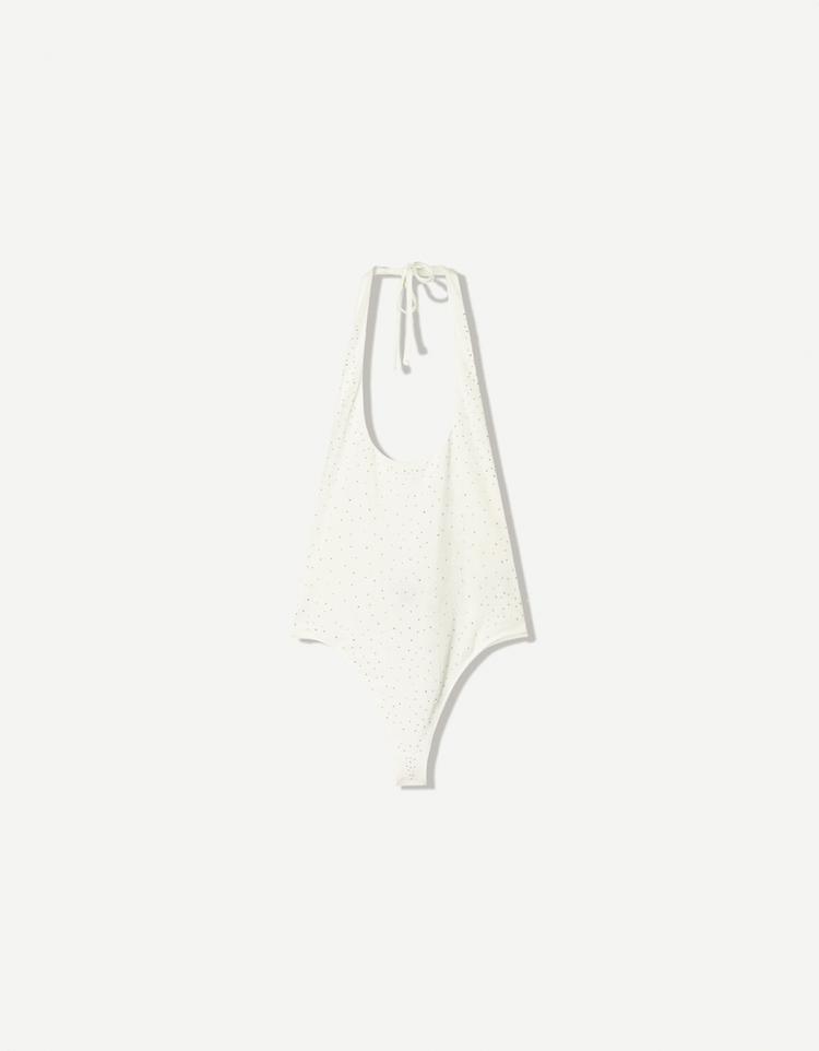 Bodysuit featuring straps embellished with rhinestones