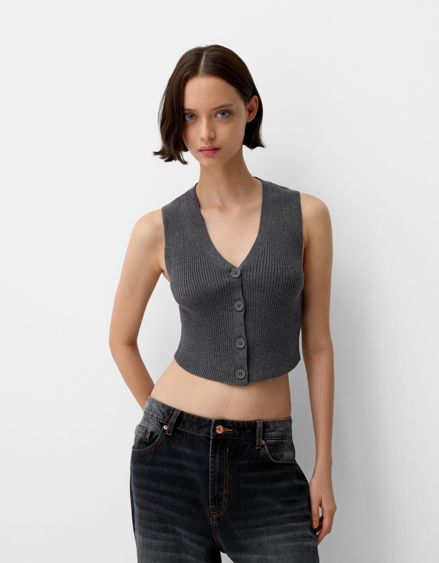 Bershka Chaleco Cuello Pico Botones Mujer M Gris Oscuro