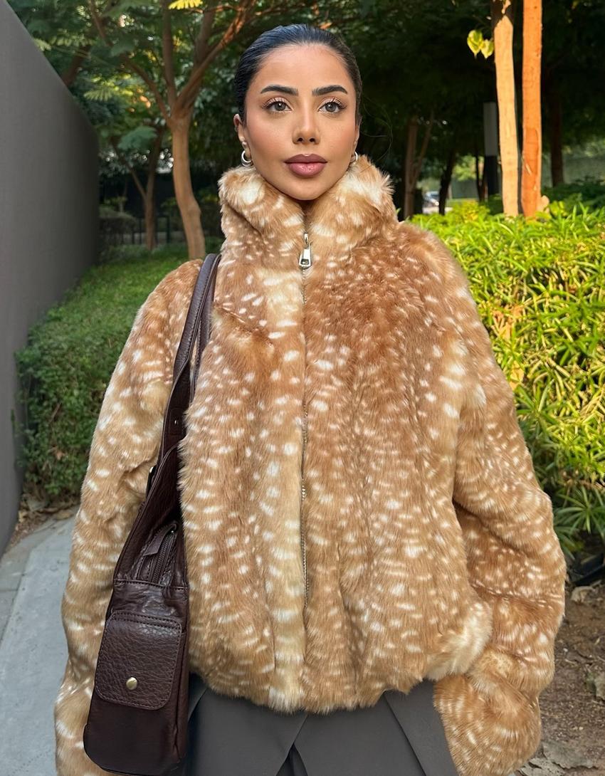 Desenli suni kürk ceket-Deve tüyü rengi