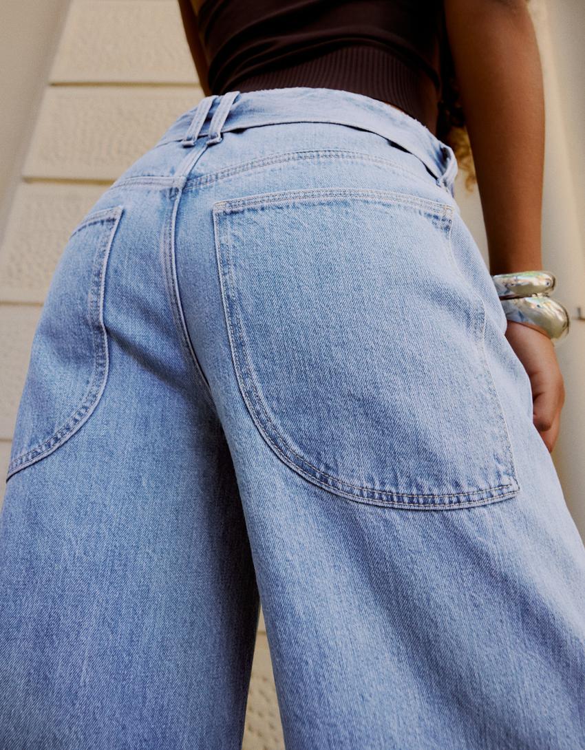 Barrel Jeans mit umgeschlagenem Bund-Ausgewaschenes Blau