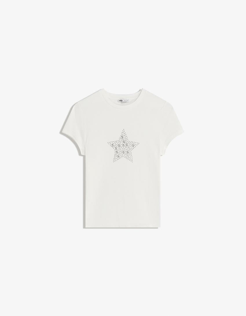 Camiseta manga corta tachas-Blanco roto