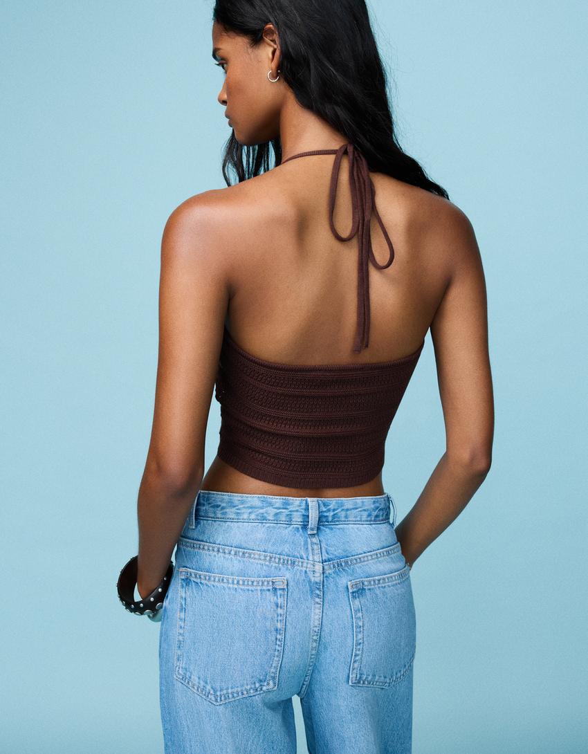Open knit top-Brown