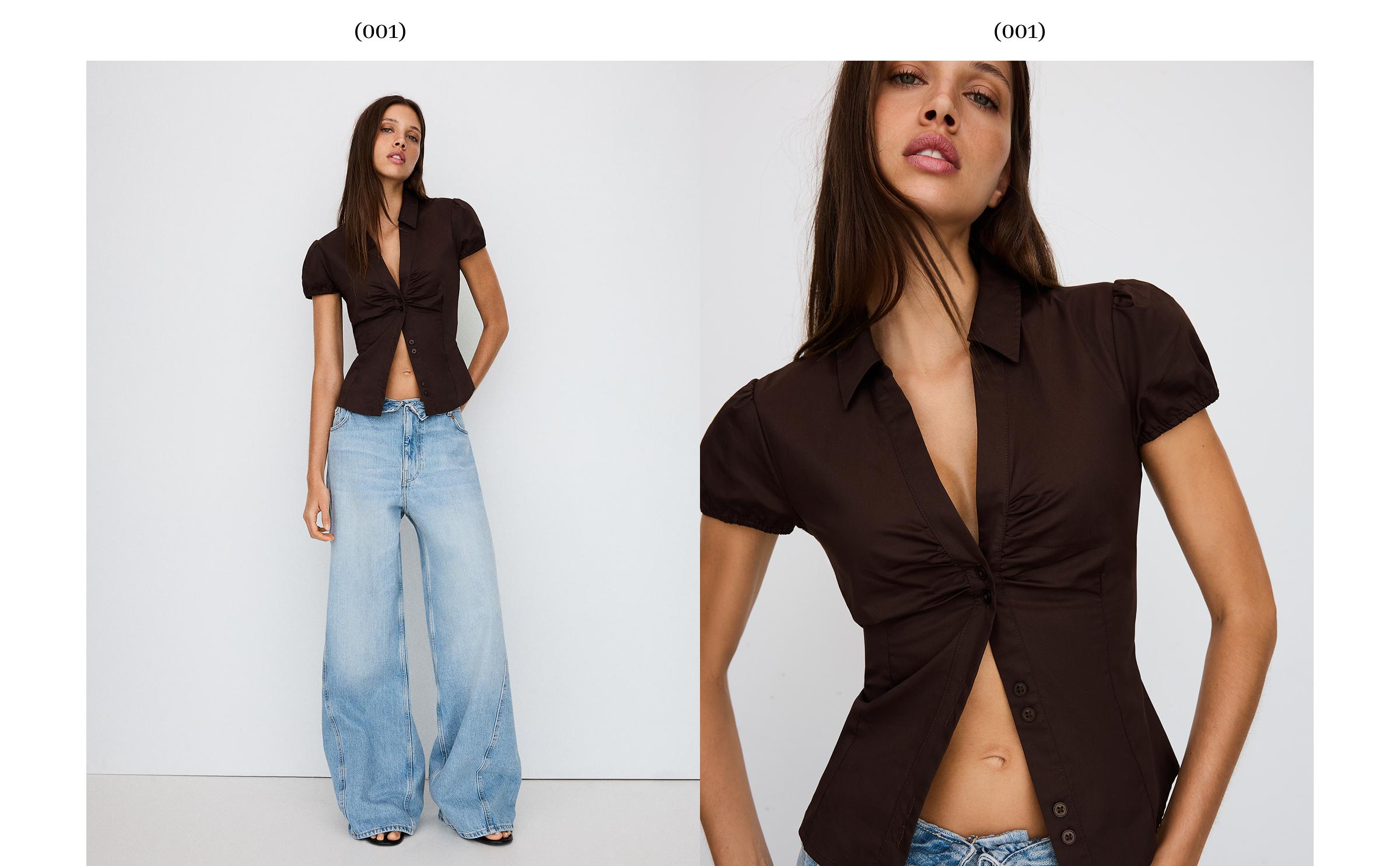 Short sleeve poplin tie-front shirt — Brown