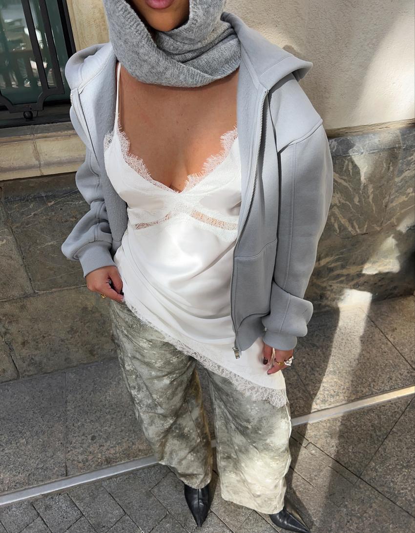 Asymmetric sateen lace strap dress-Cream