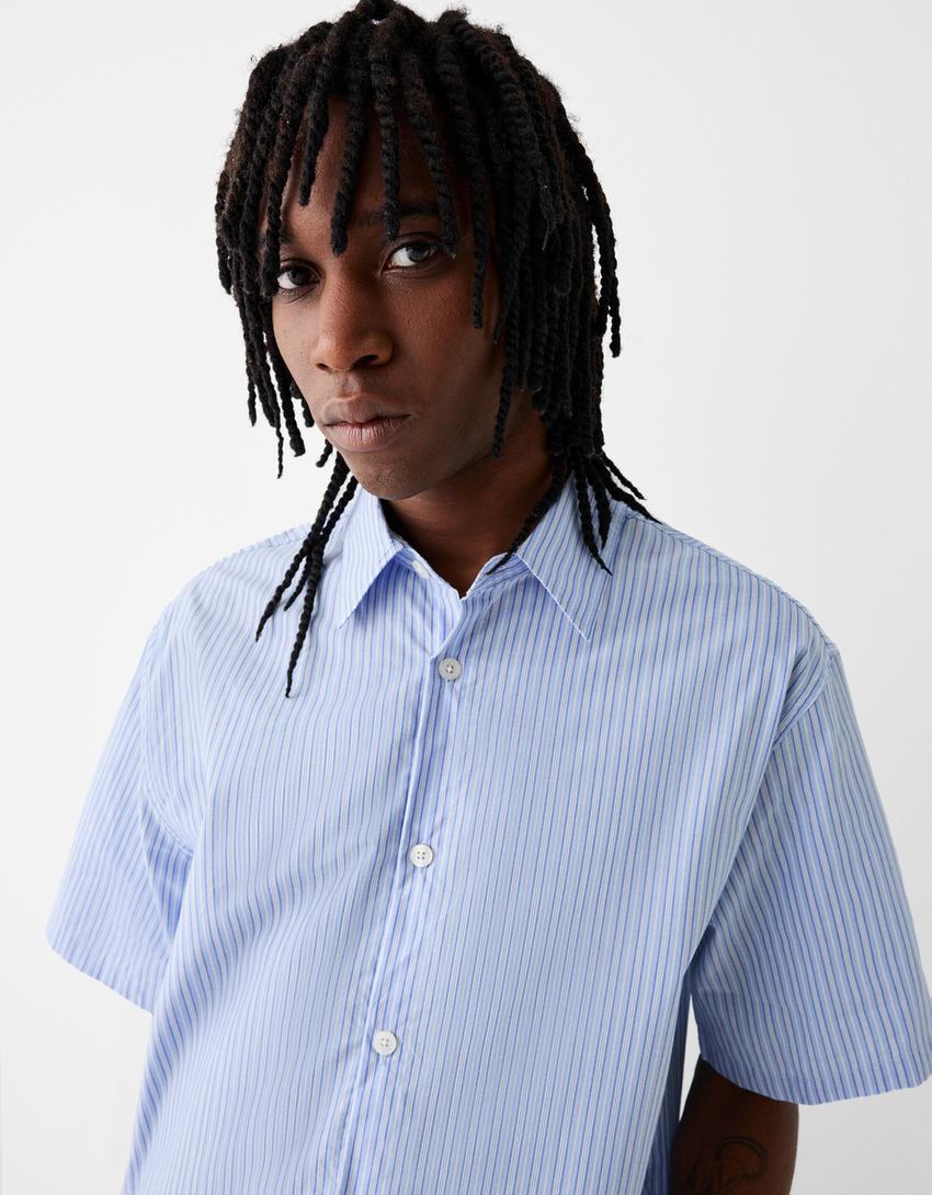 قميص بقصة مربعة وأكمام قصيرة-أزرق فاتح-2