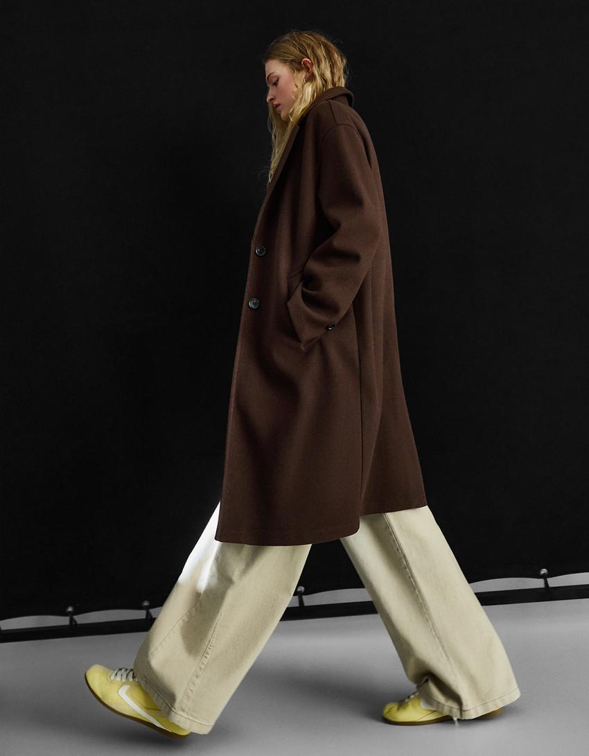 Yumuşak dokulu uzun palto-Kahverengi