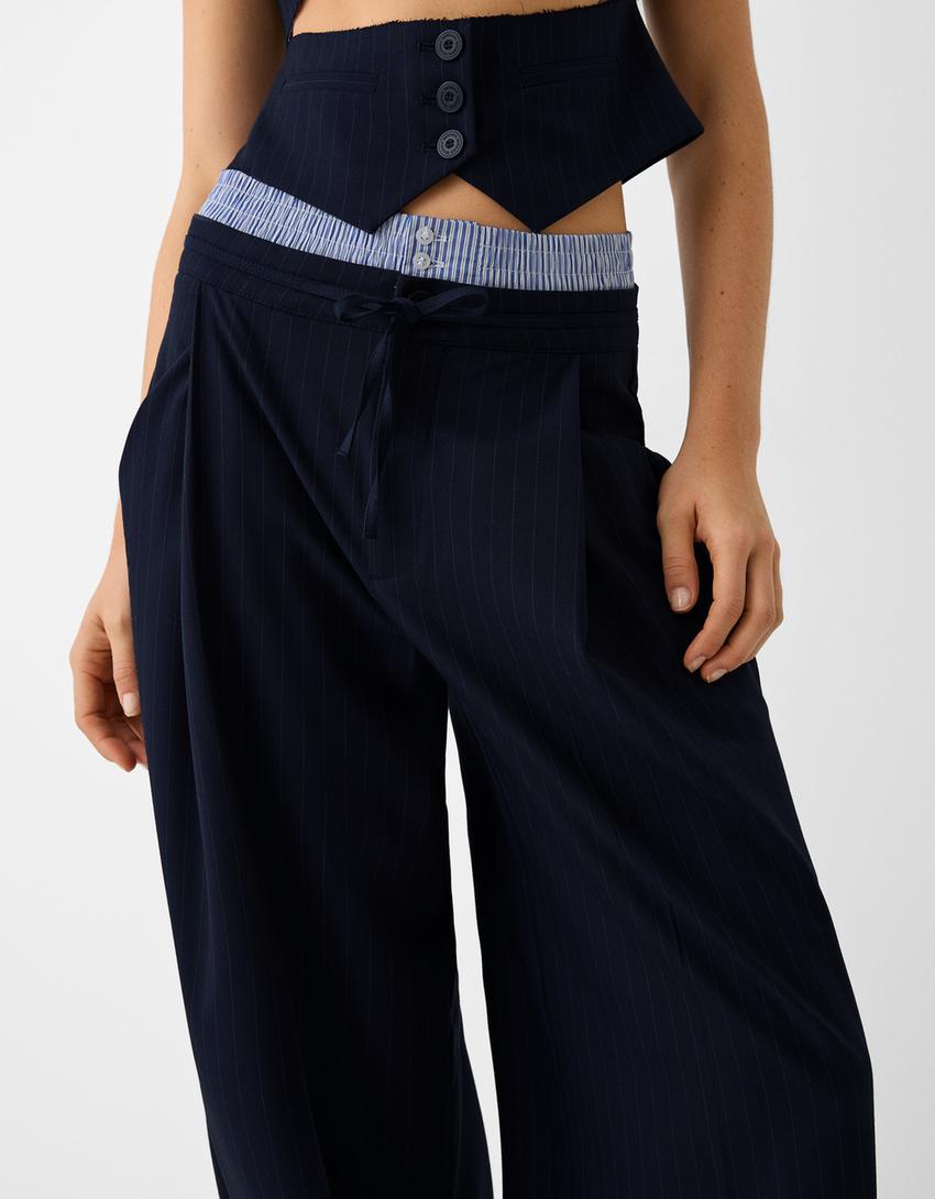 Pinstripe trousers with elastic waistband-Navy-3