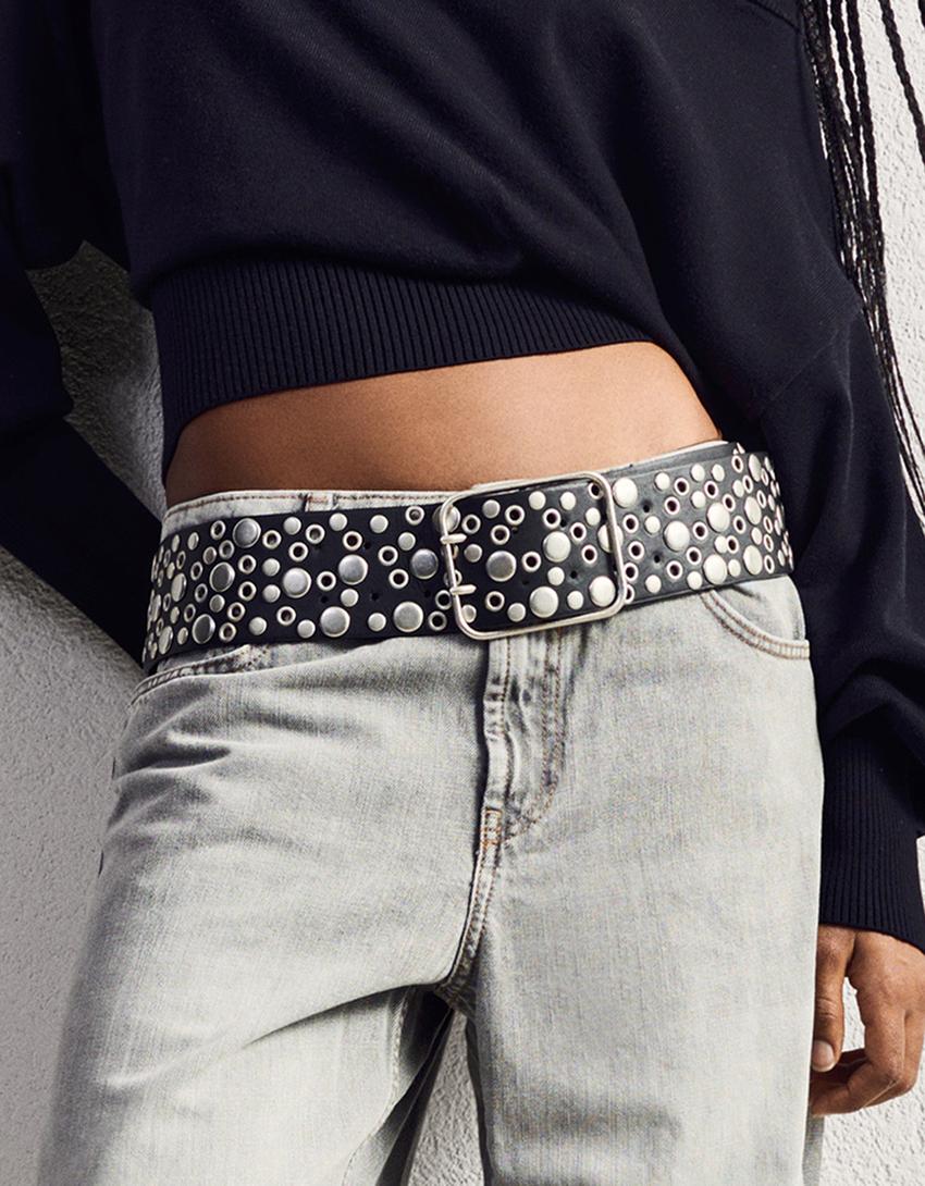 Wide leather effect studded belt-Black