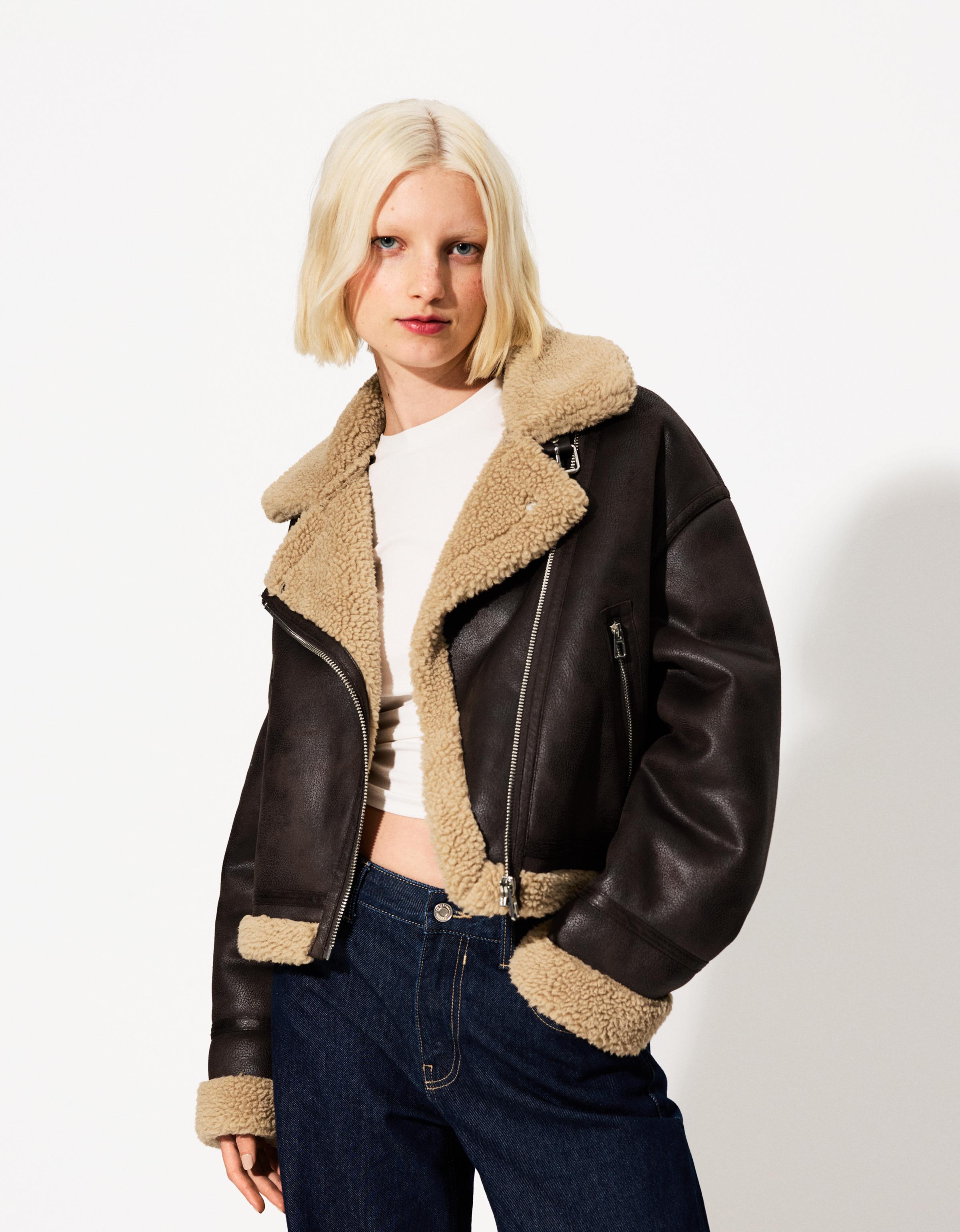 Bershka Doubleface-Bikerjacke Damen L Braun