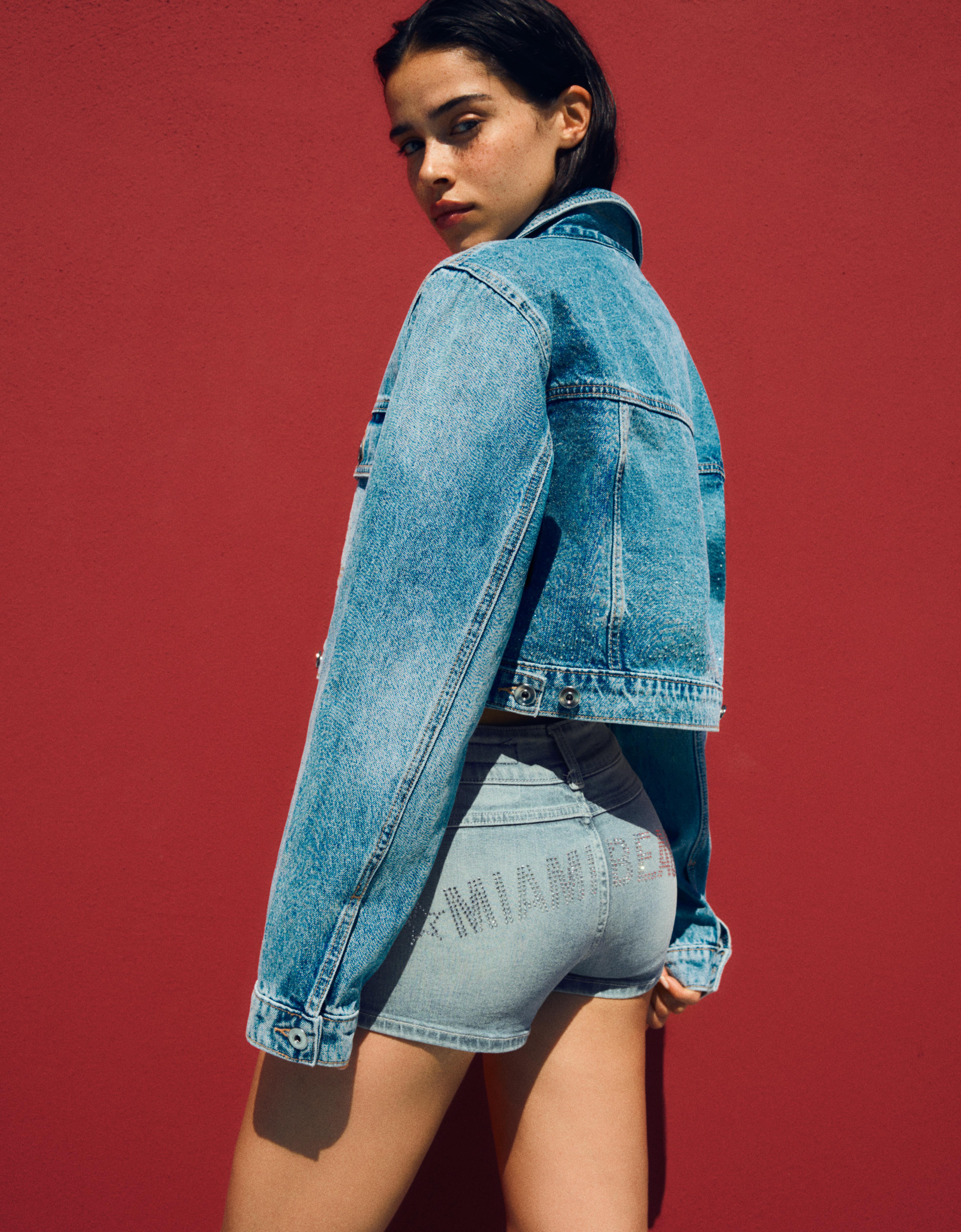 Printed denim shorts